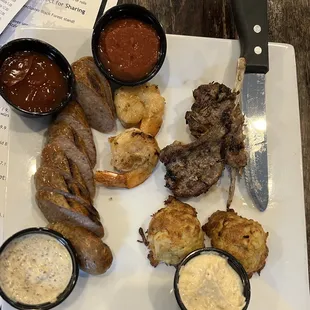 The sampler - wurst, shrimp, lamb, and crab balls