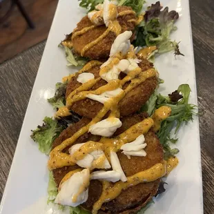 Fried green tomatoes and crabmeat.