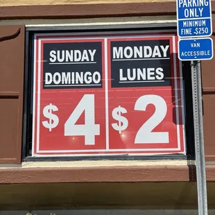 Sunday $4/ Monday $2