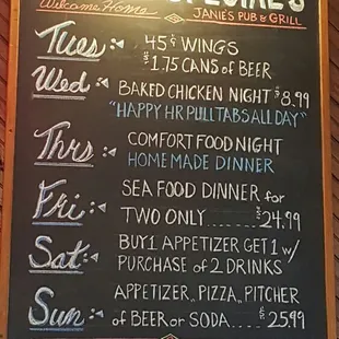 a menu for jane&apos;s specials
