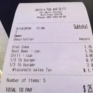 a receipt for a burger