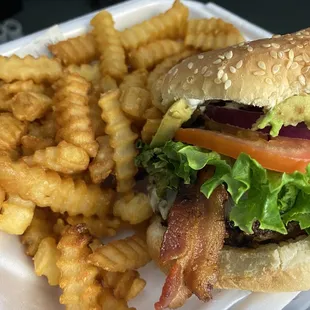Bacon, avocado, provolone burger with fries