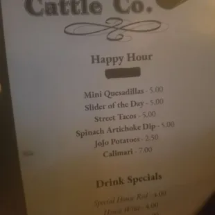 Happy hour menu