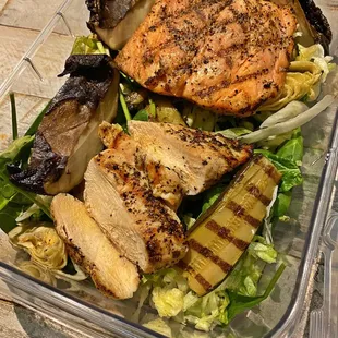 Grilled chicken. Grilled salmon. Grilled portobello mushroom.