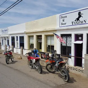 motorcycles parked outside