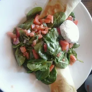 Bruschetta special. Spinach, onion, tomato, evoo, balsamic, herb goat cheese