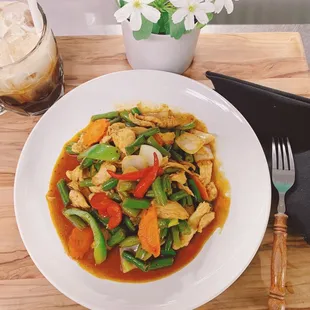 Pad Prik Khing served with rice