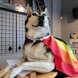 a statue of a dog wearing a rainbow scarf