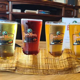 My flight from left to right. Mojito gose, elderberry gose, Czech pils, vain pale ale.