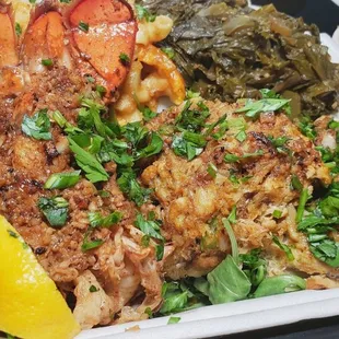 Lobster tail crab cakes greens