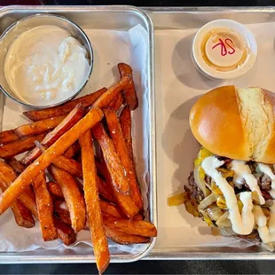 Black label burger and sweet potato fries
