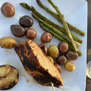 Blackened grilled salmon with perfectly grilled asparagus and crispy outside, tender inside baby potatoes