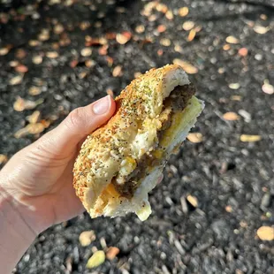 The INCREDIBLE S.E.C Bagel (All-Vegan Breakfast Sausage Egg and Cheese on an Everything Bagel)