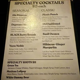 Specialty cocktail menu