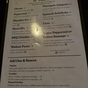 Pizza menu