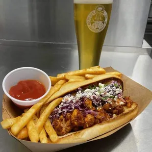 Chefs special, a Warlock Chicken Sandwich with fries and a beer
