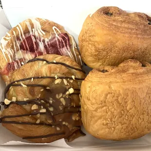 Roasted Strawberry Danish, Caramel Chocolate Peanut Butter Danish, 2 Chocolate Croissants