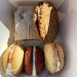 Whoopie pies (coconut cream, red velvet, confetti), oatmeal cream pie, lemon blueberry cake