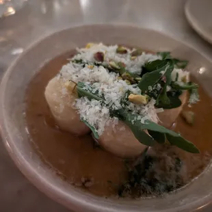 Ricotta gnudi, brown butter, pistachio