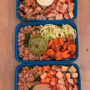 1) Shrimp, carrots, red pot, tzatziki 2) Turkey, zucchini, sweet pot, chimichurri 3) Turkey, carrots, red pot, asparagus, lemon white wine