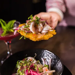 Fresh Shrimp Ceviche, Served with tostones!