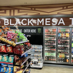 a display of snacks and drinks
