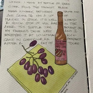 My sketch of a bottle of Black Mesa cider being enjoyed with some grapes.
