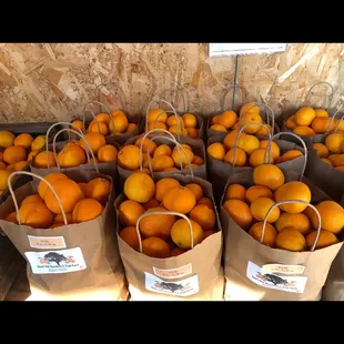a variety of oranges in paper bags