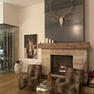 a fireplace in a wine cellar