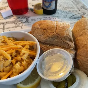 Fried catfish sandwich and Guinness Mac and cheese