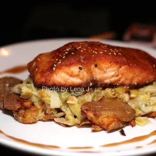 Atlantic Misoyaki Salmon ($30) - Smashed fingerling potatoes, creamed leeks, sesame, Michigan maple misoyaki