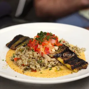 Rainbow Trout ($32) - Herb marinade, corn veloute, chimichurri rice, tomato and corn escabeche, dill oil, tomato powder, cilantro