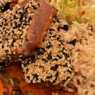 Yellowfin Tuna dish with house coleslaw and rice
