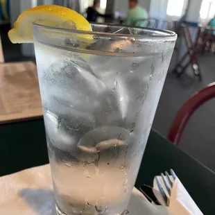 a glass of water with ice and a slice of lemon