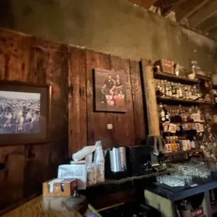 the inside of a small bar