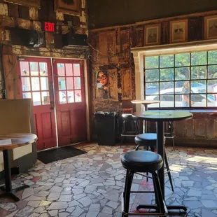 a table and chairs in a restaurant