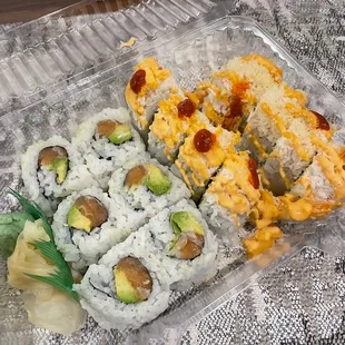 Salmon + avocado on left and Sakura on right. Sakura left a little to be desired for me.