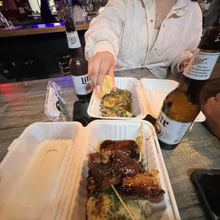 Pork belly skewers with mashed potatoes