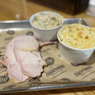 Turkey breast, loaded baked potato salad, Smoked Gouda Mac N Cheese