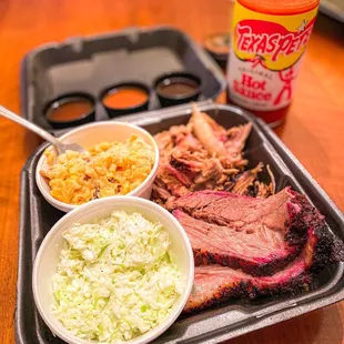 Two Meat plate - Texas Style Brisket, Pulled Pork, Mac-N-Cheese, coleslaw