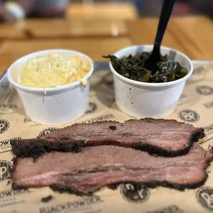 1/4 lb Texas Style Brisket, Smoked Gouda Mac N Cheese, Collard Greens