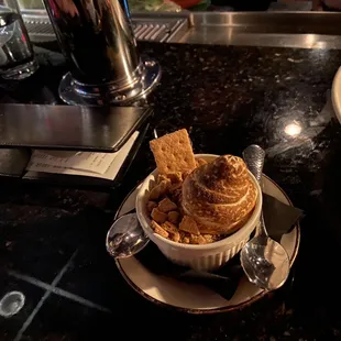 Cute &quot;s&apos;mores&quot; dessert. Toasted marshmallow on top