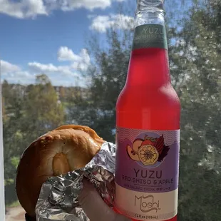 BOC: Bagel, fyh sriracha mayo, fyh american cheese, just egg, and impossible sausage. Plus a Red shiso and apple Yuzu sparkling drink.