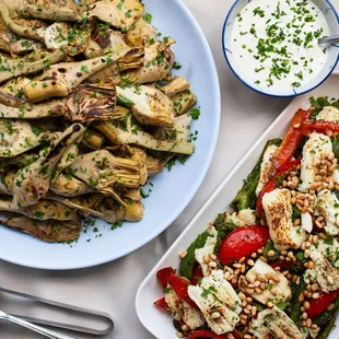 grilled peppers &amp; halloumi with pesto &amp; pignoli

grilled roman artichokes with vegan tarragon dip