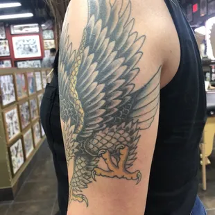 Backside of Eagle done at Black Rat Tattoo!