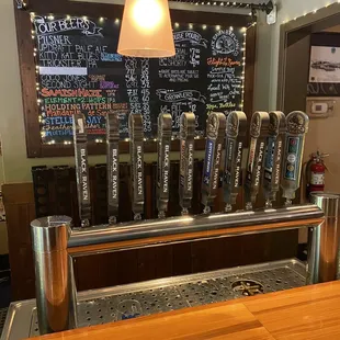 beer taps lined up on a bar