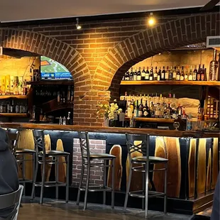 a bar with a brick wall