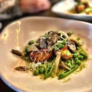 RICOTTA DUMPLINGS. Delicious!  peas / mushroom / fennel / pesto / parmesan