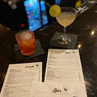 Fun cocktails! The Hibiscus Happiknees is on the left and the Waiquiri is on the right.