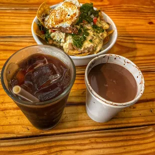 Cold brew, Messy Mexican Hot Chocolate and Nachos